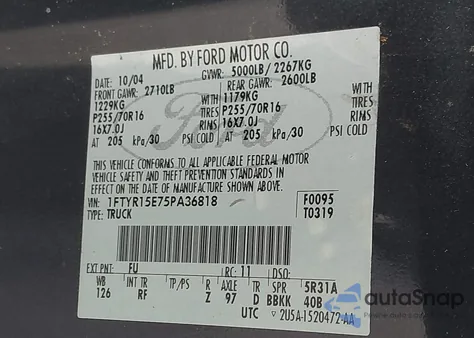 2005 Ford Ranger Edge/Xl/Xlt из США, поврежденный, VIN 1FTYR15E75PA36818